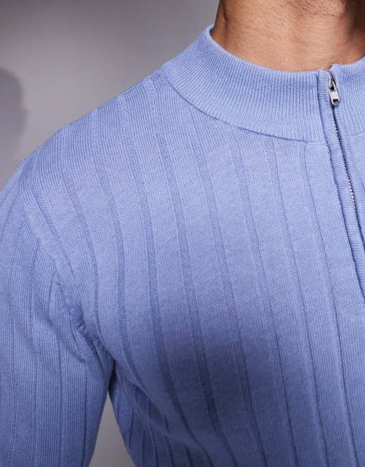 ASOS DESIGN - Essential - Maglione attillato blu a coste con zip corta, 2 di 4