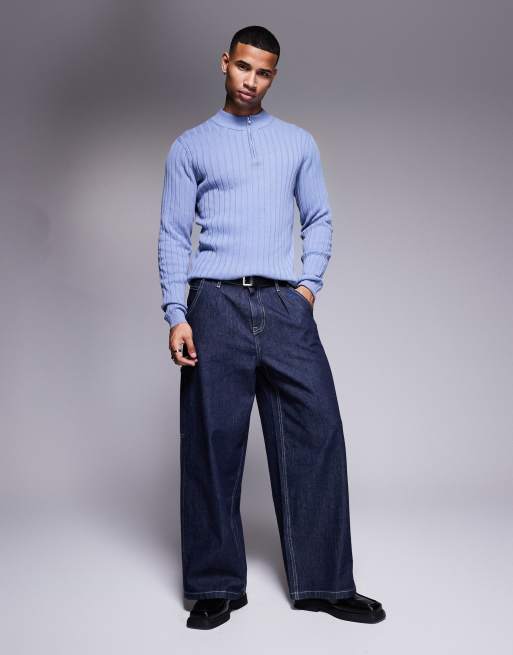 ASOS DESIGN - Essential - Maglione attillato blu a coste con zip corta, 3 di 4