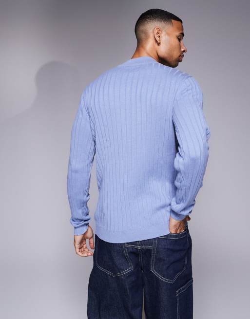 ASOS DESIGN - Essential - Maglione attillato blu a coste con zip corta, 4 di 4