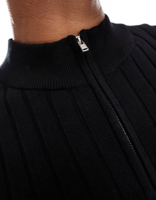 ASOS DESIGN - Essential - Maglione attillato nero a coste con zip corta, 3 di 4