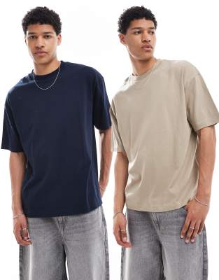 ASOS DESIGN – Essential – Marinblå och beige t-shirts i oversize, 2-pack 