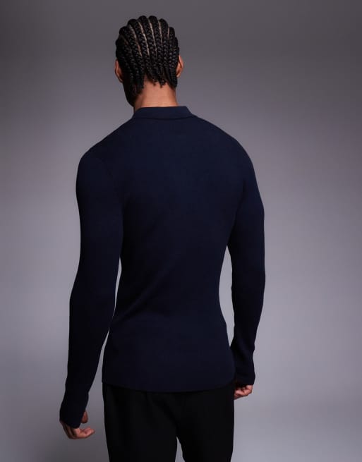 ASOS DESIGN – Essential – Marinblå, tunt ribbstickad pikétröja i muscle fit, 3 av 5