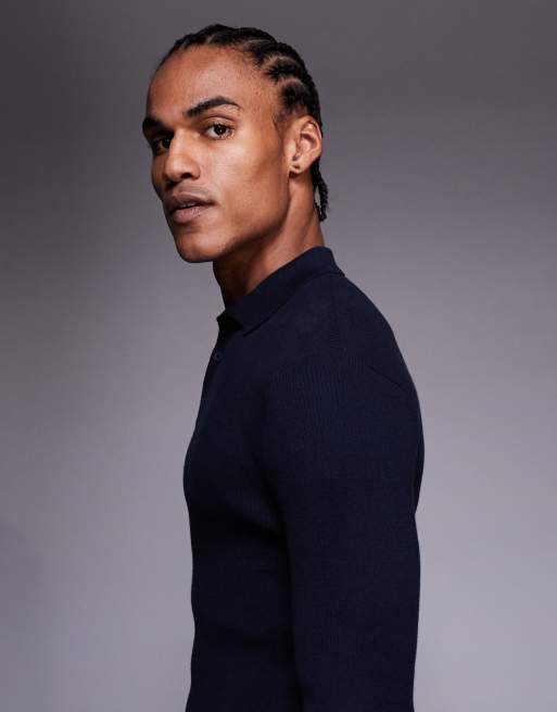 ASOS DESIGN – Essential – Marinblå, tunt ribbstickad pikétröja i muscle fit, 4 av 5