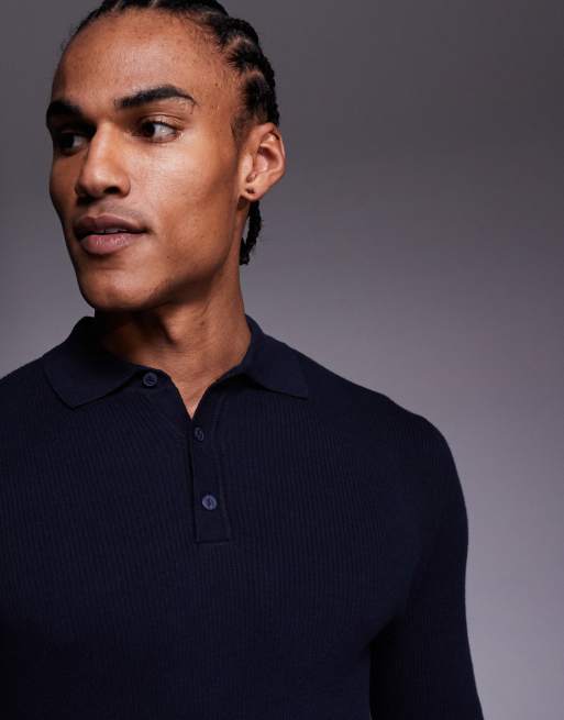 ASOS DESIGN – Essential – Marinblå, tunt ribbstickad pikétröja i muscle fit, 5 av 5