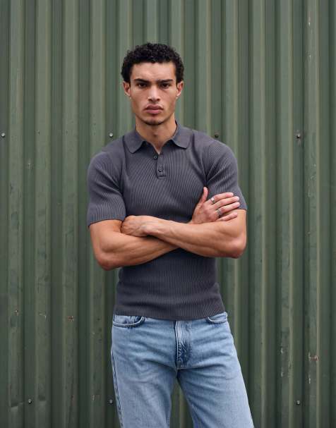 ASOS DESIGN – Essential – Mörkgrå, tunt ribbstickad pikétröja i muscle fit - view 1