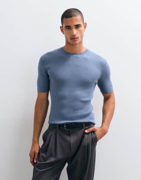 ASOS DESIGN - Essential - Muscle-fit fijngeribbeld gebreid T-shirt met ronde hals in blauw - view 1