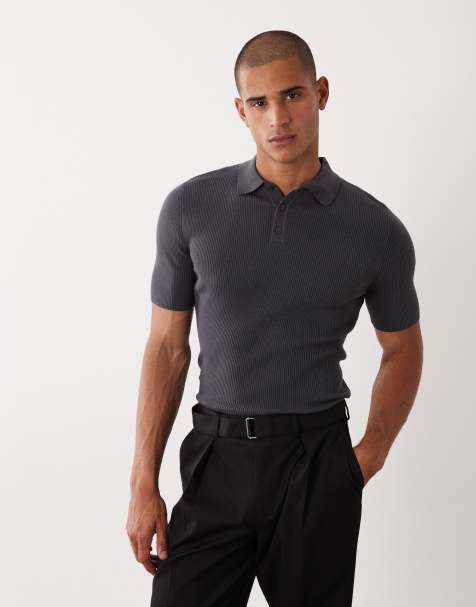 ASOS DESIGN - Essential - Muscle-fit fijngeribbelde gebreide polo in antracietgrijs - view 1