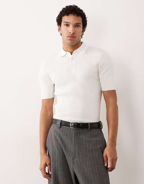 ASOS DESIGN - Essential - Muscle-fit fijngeribbelde gebreide polo in gebroken wit - view 1