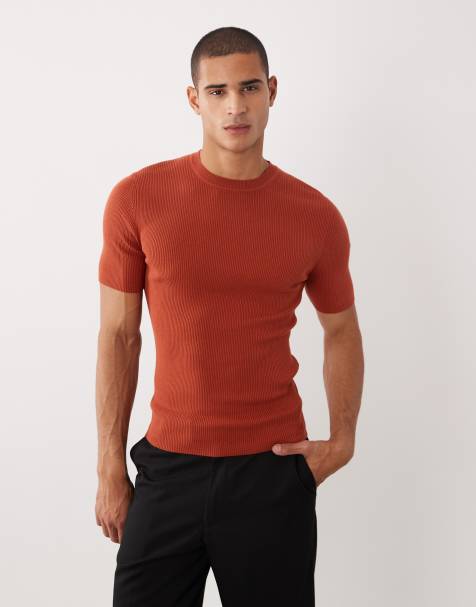 ASOS DESIGN Essential muscle-fit fine-rib knit crew-neck in rust - view 1