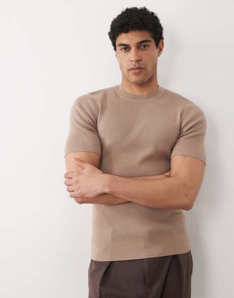 ASOS DESIGN Essential muscle-fit fine-rib knit crew-neck in taupe - view 1