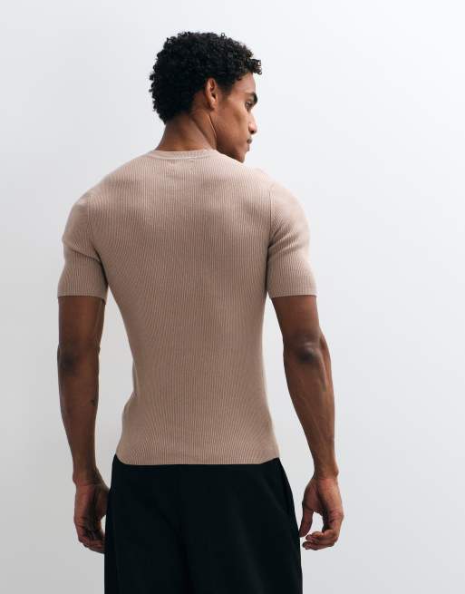 ASOS DESIGN Essential muscle-fit fine-rib knit crew-neck in taupe, 4 of 5