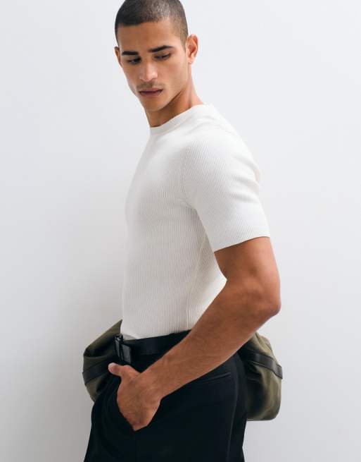 ASOS DESIGN Essential muscle-fit fine-rib knit crew-neck in white, 4 of 5