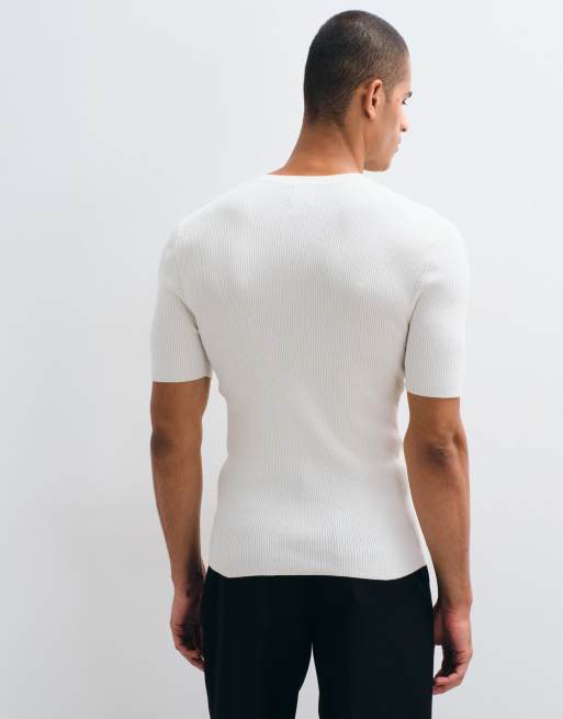 ASOS DESIGN Essential muscle-fit fine-rib knit crew-neck in white, 5 of 5