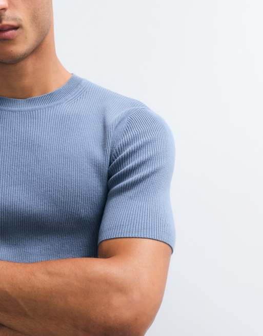 ASOS DESIGN Essential muscle-fit fine-rib knit crew-neck T-shirt in blue, 2 of 5