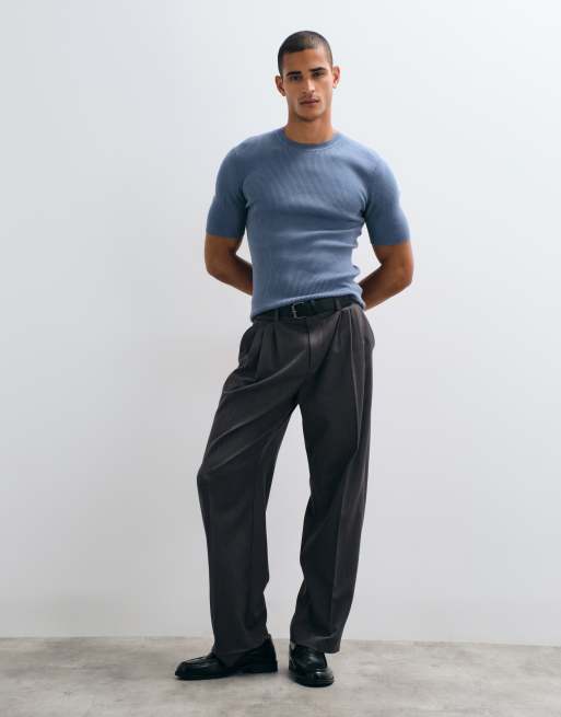 ASOS DESIGN Essential muscle-fit fine-rib knit crew-neck T-shirt in blue, 3 of 5