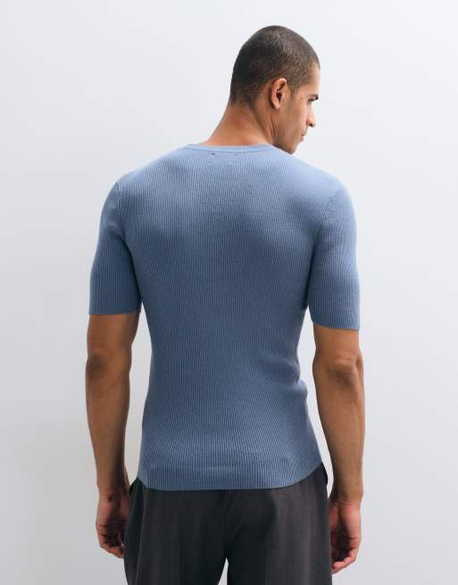 ASOS DESIGN Essential muscle-fit fine-rib knit crew-neck T-shirt in blue, 4 of 5