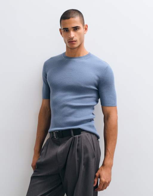 ASOS DESIGN Essential muscle-fit fine-rib knit crew-neck T-shirt in blue, 5 of 5