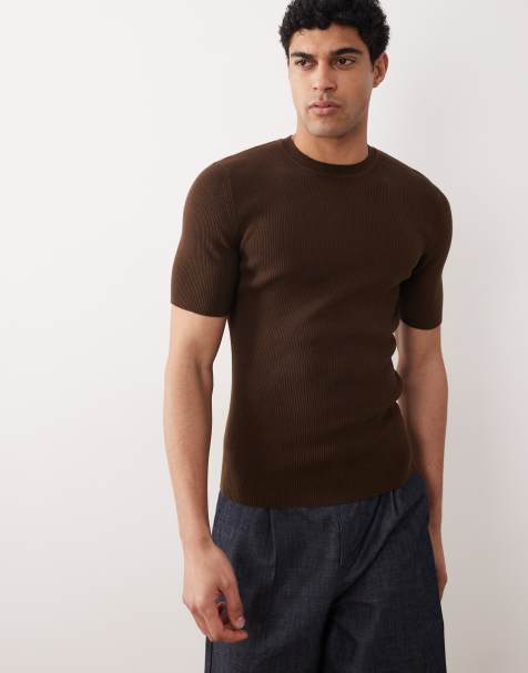 ASOS DESIGN Essential muscle fit fine-rib knit crew neck T-shirt in brown - view 1