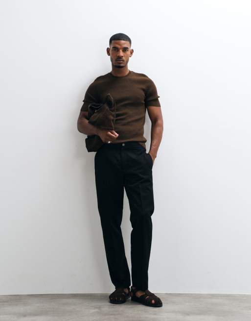 ASOS DESIGN Essential muscle fit fine-rib knit crew neck T-shirt in brown, 2 of 5