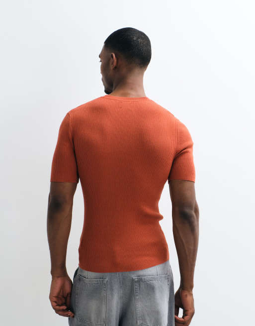 ASOS DESIGN Essential muscle-fit fine-rib knit crew-neck t-shirt in rust, 5 of 5