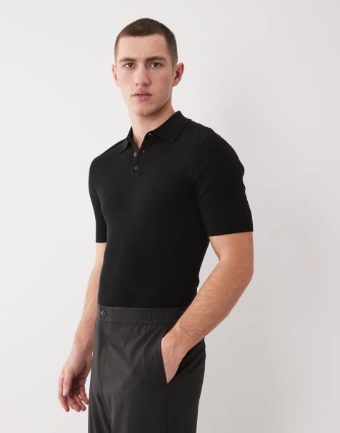 ASOS DESIGN Essential muscle-fit fine-rib knit polo in black - view 1