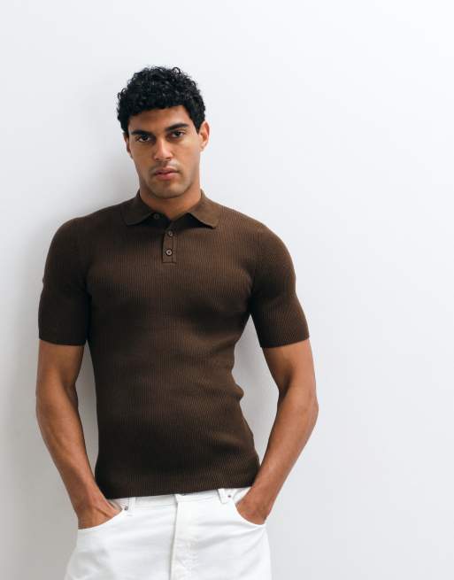 ASOS DESIGN Essential muscle-fit fine-rib knit polo in brown, 2 of 5