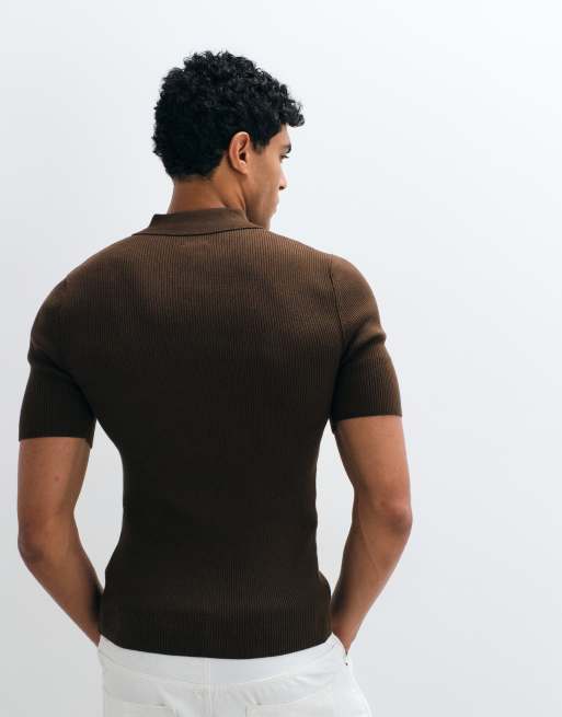 ASOS DESIGN Essential muscle-fit fine-rib knit polo in brown, 4 of 5