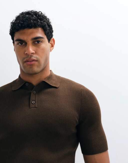 ASOS DESIGN Essential muscle-fit fine-rib knit polo in brown, 5 of 5