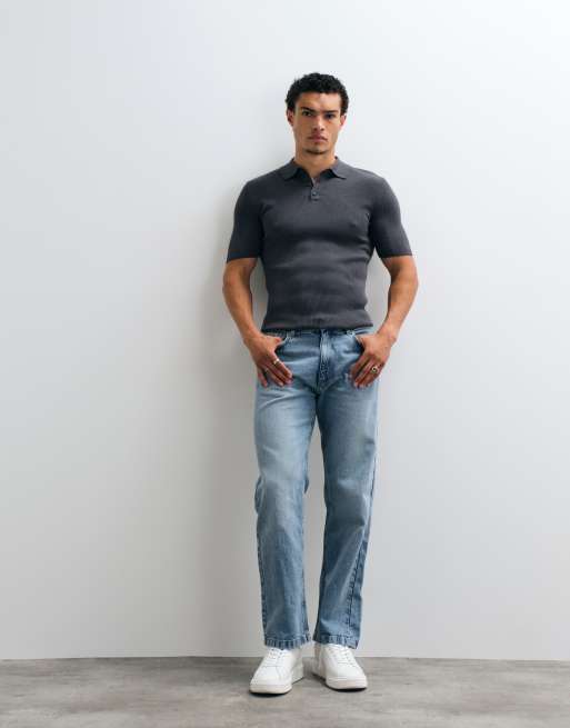 ASOS DESIGN Essential muscle-fit fine-rib knit polo in charcoal, 3 of 5