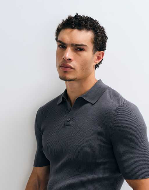 ASOS DESIGN Essential muscle-fit fine-rib knit polo in charcoal, 4 of 5