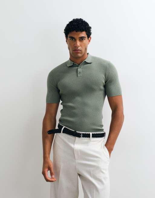 ASOS DESIGN Essential muscle-fit fine-rib knit polo in dark sage, 2 of 5