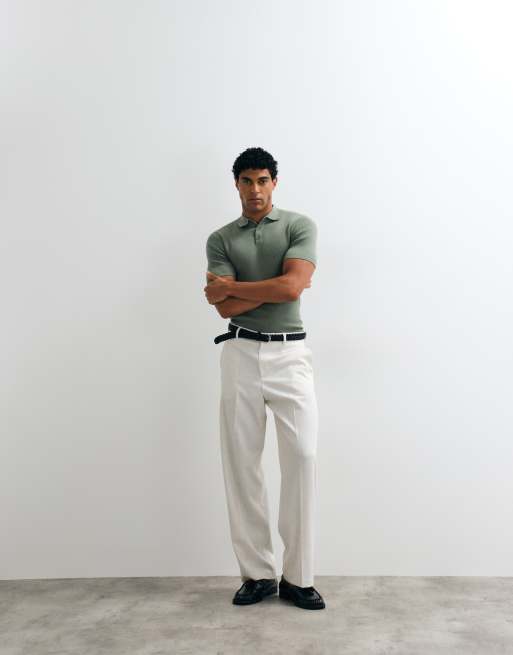 ASOS DESIGN Essential muscle-fit fine-rib knit polo in dark sage, 3 of 5