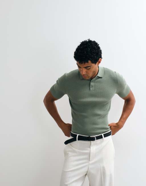 ASOS DESIGN Essential muscle-fit fine-rib knit polo in dark sage, 4 of 5