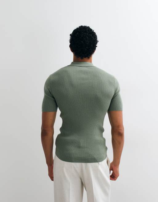 ASOS DESIGN Essential muscle-fit fine-rib knit polo in dark sage, 5 of 5