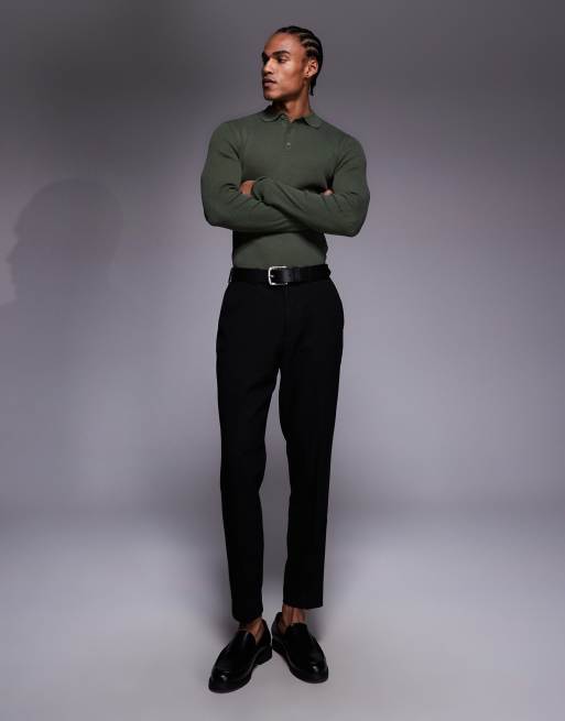 ASOS DESIGN Essential muscle fit fine-rib knit polo in khaki, 2 of 5