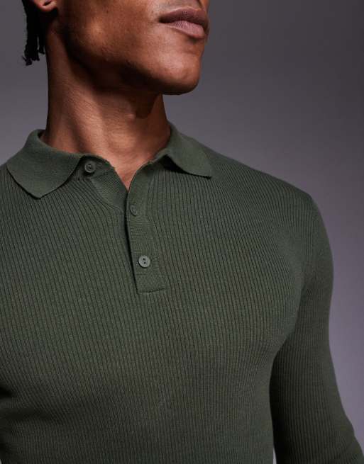 ASOS DESIGN Essential muscle fit fine-rib knit polo in khaki, 5 of 5