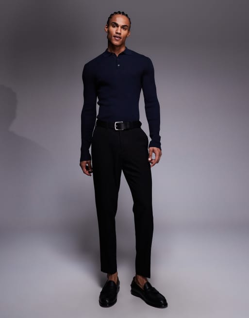 ASOS DESIGN Essential muscle-fit fine-rib knit polo in navy, 2 of 5