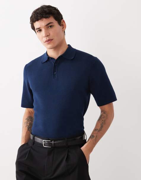 ASOS DESIGN Essential muscle fit fine-rib knit polo in navy - view 1