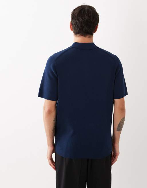 ASOS DESIGN Essential muscle-fit fine-rib knit polo in navy, 2 of 5