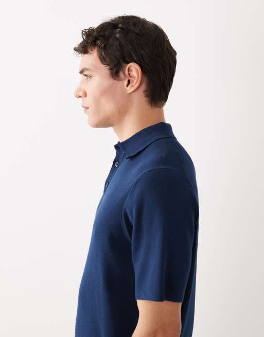 ASOS DESIGN Essential muscle-fit fine-rib knit polo in navy, 4 of 5