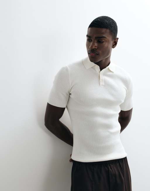 ASOS DESIGN Essential muscle-fit fine-rib knit polo in off-white, 3 of 5