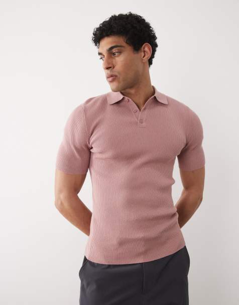 ASOS DESIGN Essential muscle-fit fine-rib knit polo in pink - view 1