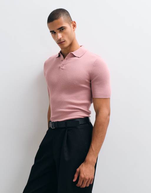 ASOS DESIGN Essential muscle-fit fine-rib knit polo in pink, 3 of 5