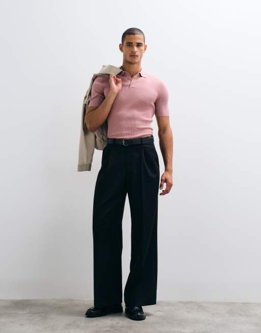 ASOS DESIGN Essential muscle-fit fine-rib knit polo in pink, 4 of 5