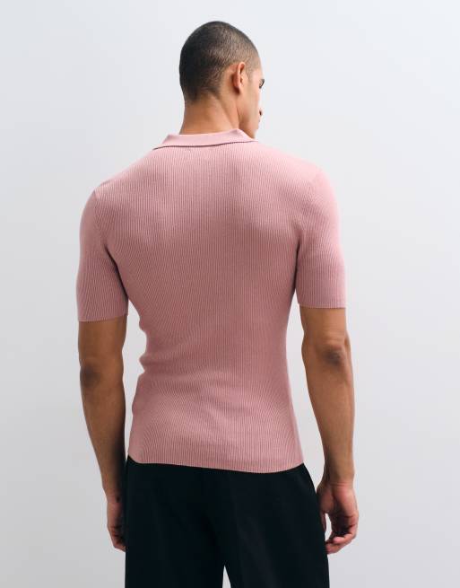 ASOS DESIGN Essential muscle-fit fine-rib knit polo in pink, 5 of 5
