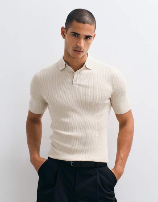 ASOS DESIGN Essential muscle-fit fine-rib knit polo in stone, 2 of 5