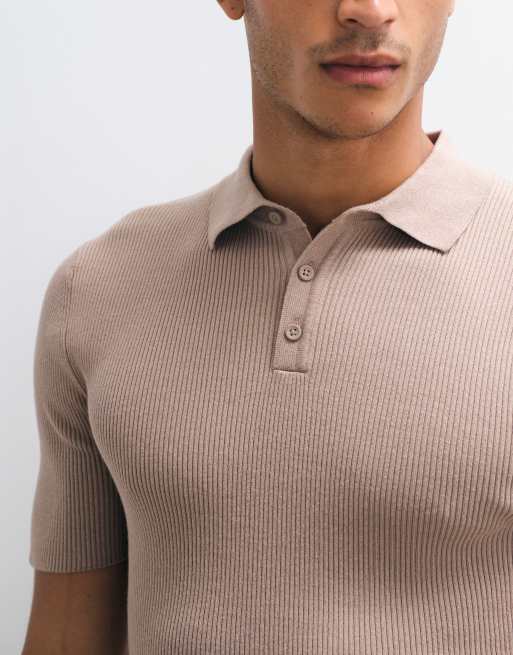 ASOS DESIGN Essential muscle-fit fine-rib knit polo in taupe, 2 of 5