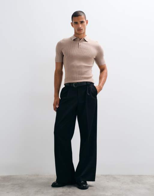 ASOS DESIGN Essential muscle-fit fine-rib knit polo in taupe, 3 of 5