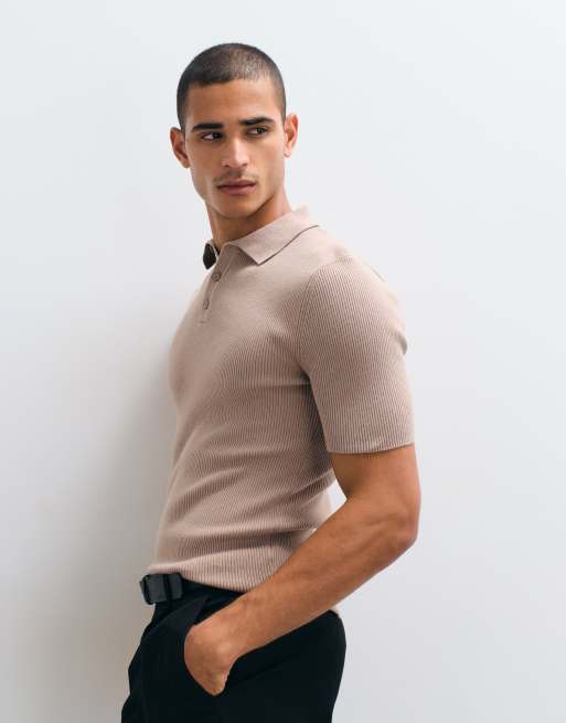 ASOS DESIGN Essential muscle-fit fine-rib knit polo in taupe, 4 of 5