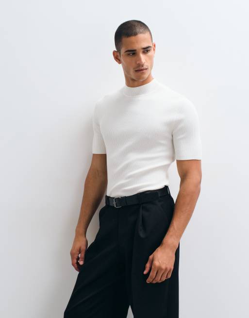 ASOS DESIGN Essential muscle fit fine-rib knit turtleneck in off-white, 3 of 5